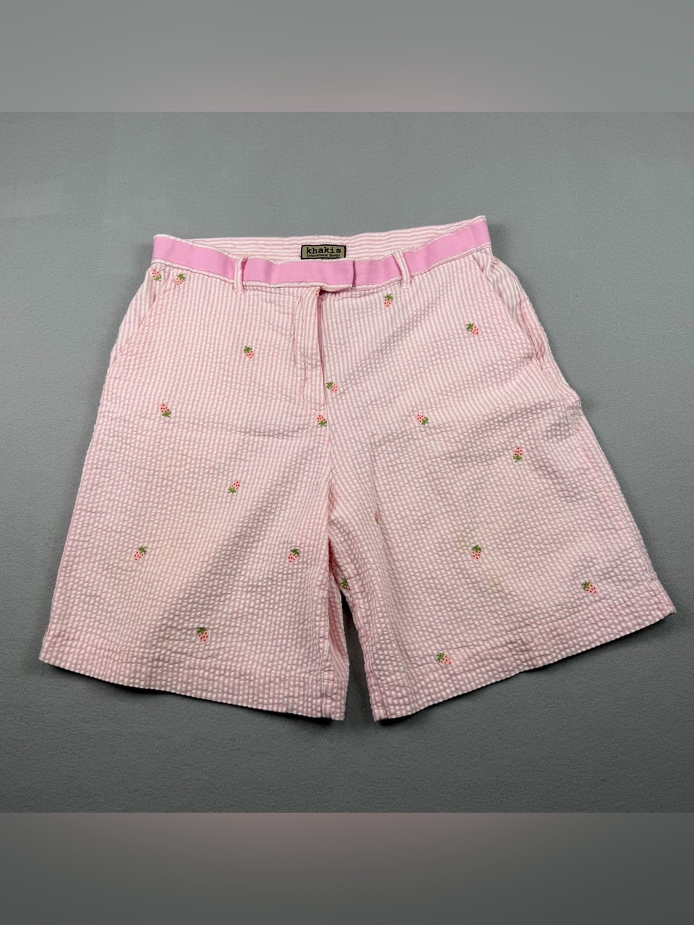 Khaki Pink strawberry Embroidered Bermuda Shorts